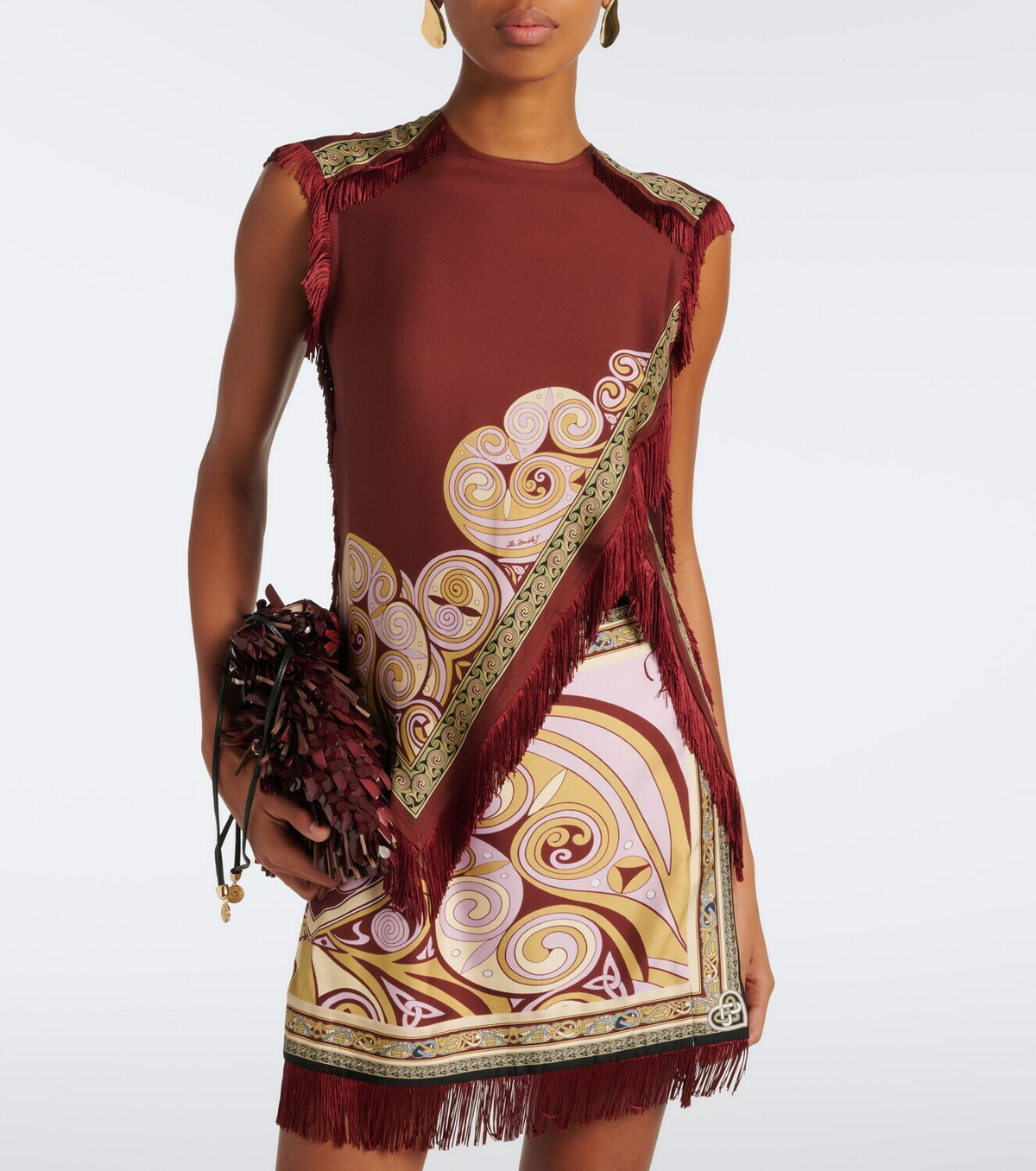 La DoubleJ Fringed printed silk twill scarf top
