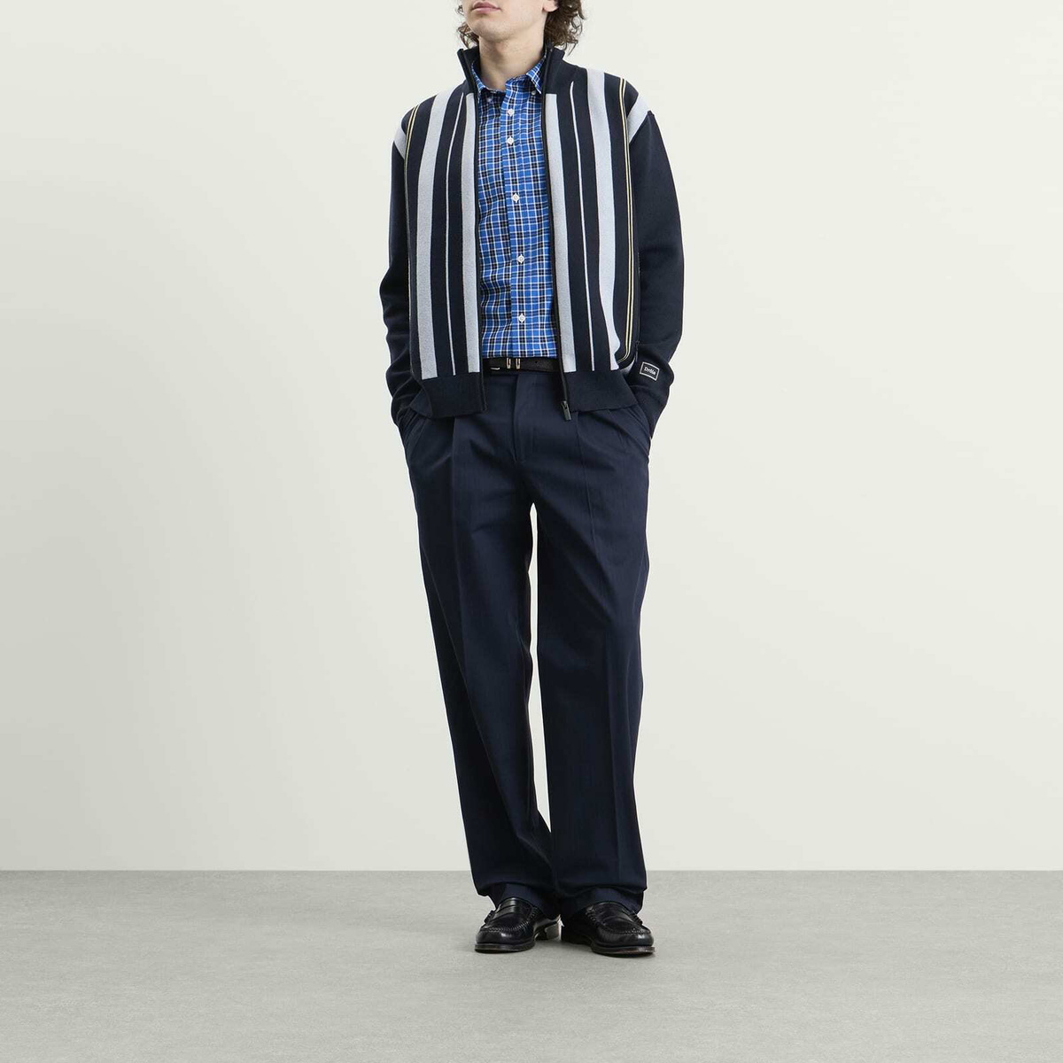 Drôle de Monsieur Men's Striped Zipped Knit Jacket in Navy
