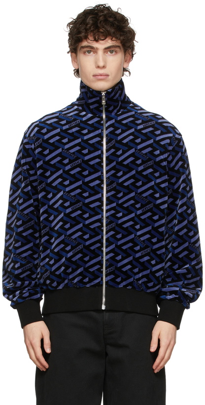 Photo: Versace Blue & Black Chenille Monogram Zip-Up Jacket