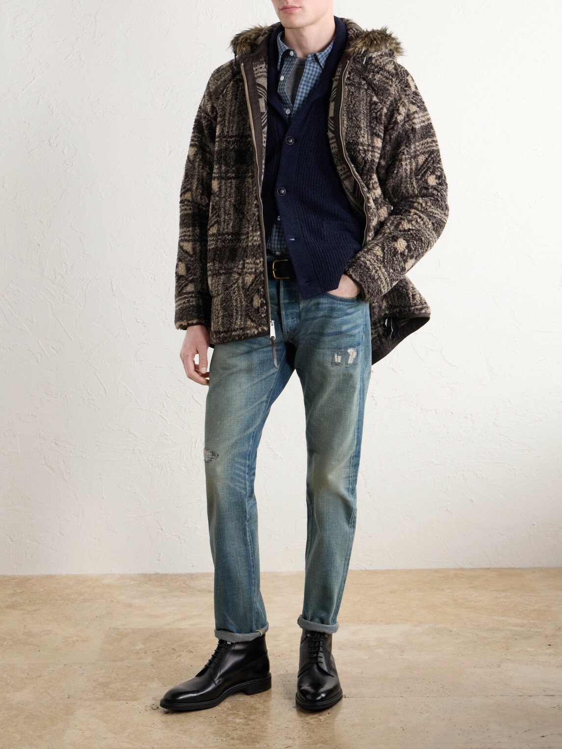 RRL - Hooded Plush-Trimmed Fleece Jacket - Brown