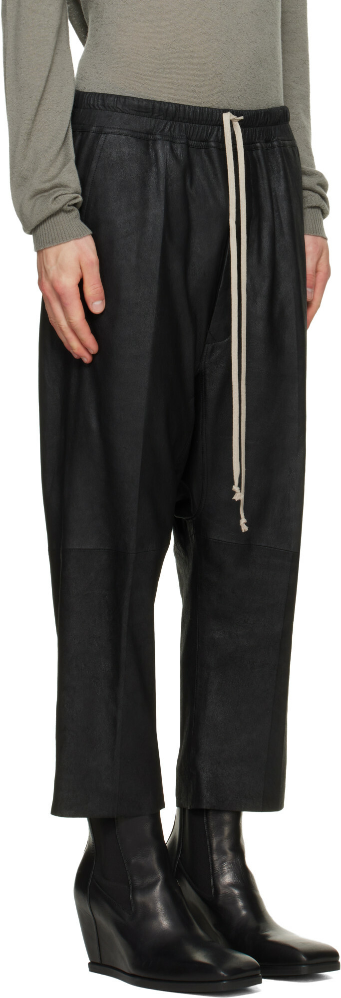 Rick Owens Black Tower Drawstring Cropped Leather Pants