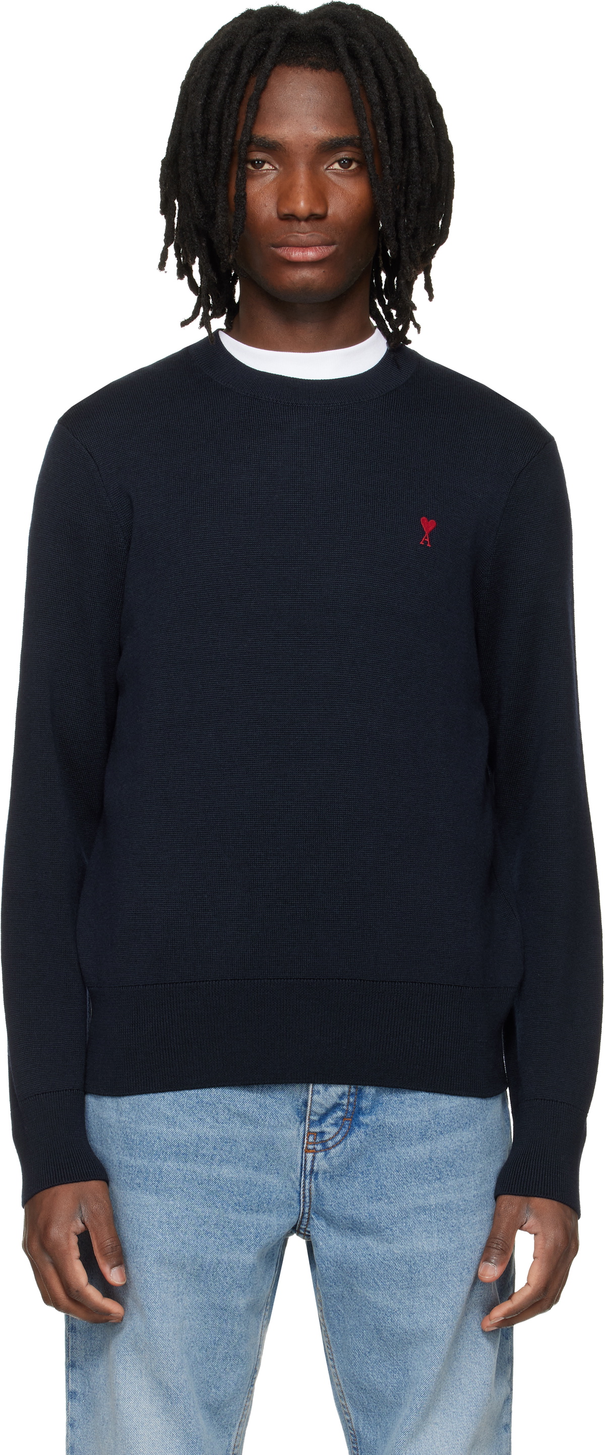 AMI Paris Navy Wool Contrasted Ami de Coeur Crewneck Sweater