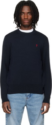 AMI Paris Navy Wool Contrasted Ami de Coeur Crewneck Sweater