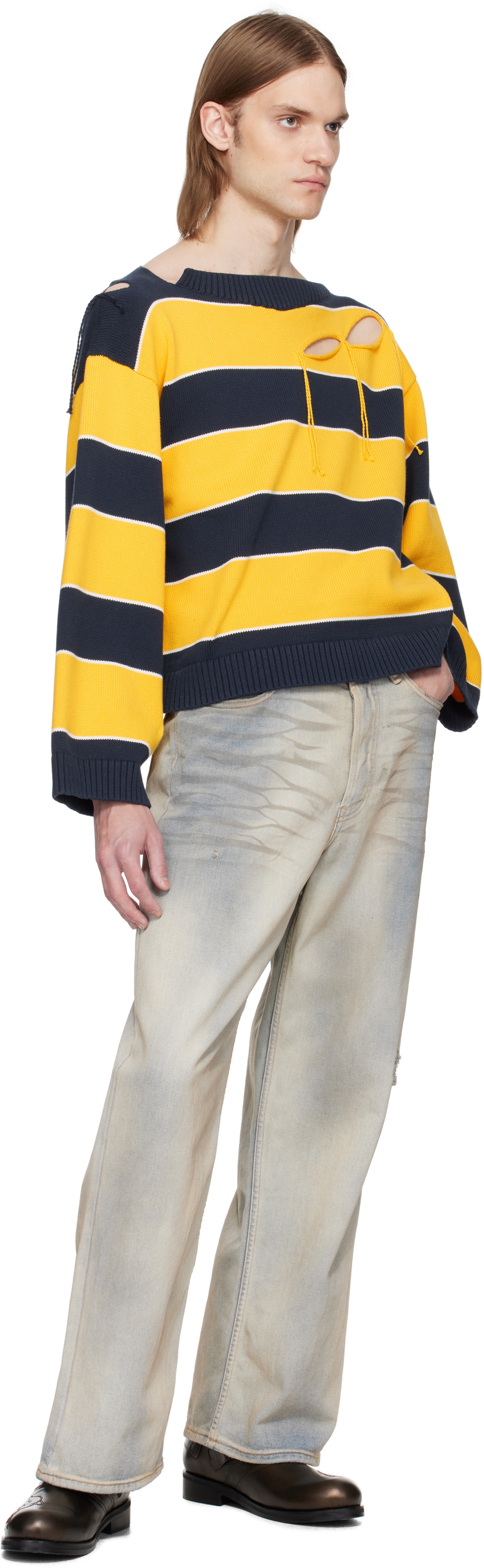 Charles Jeffrey LOVERBOY Yellow & Navy Slash Stripe Sweater
