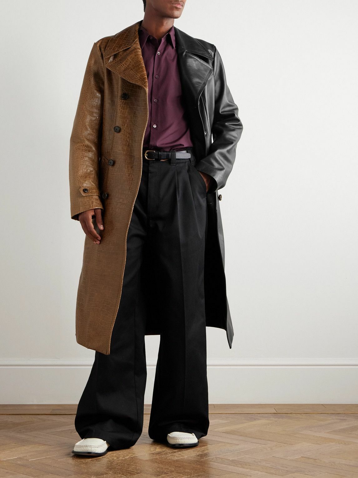 Marni - Double-Breasted Belted Two-Tone Croc-Effect Leather Coat - Black