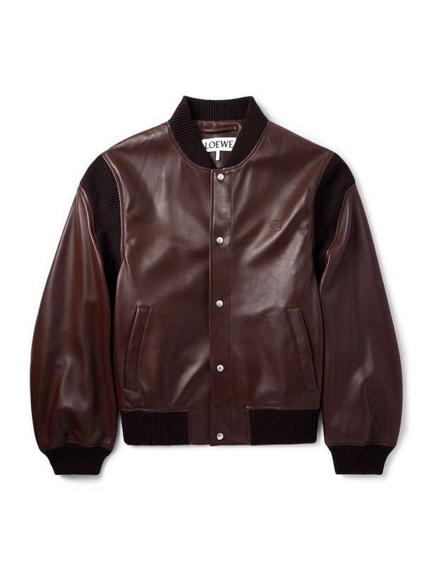 Photo: LOEWE - Logo-Debossed Ribbed-Knit Trimmed Leather Bomber Jacket - Brown