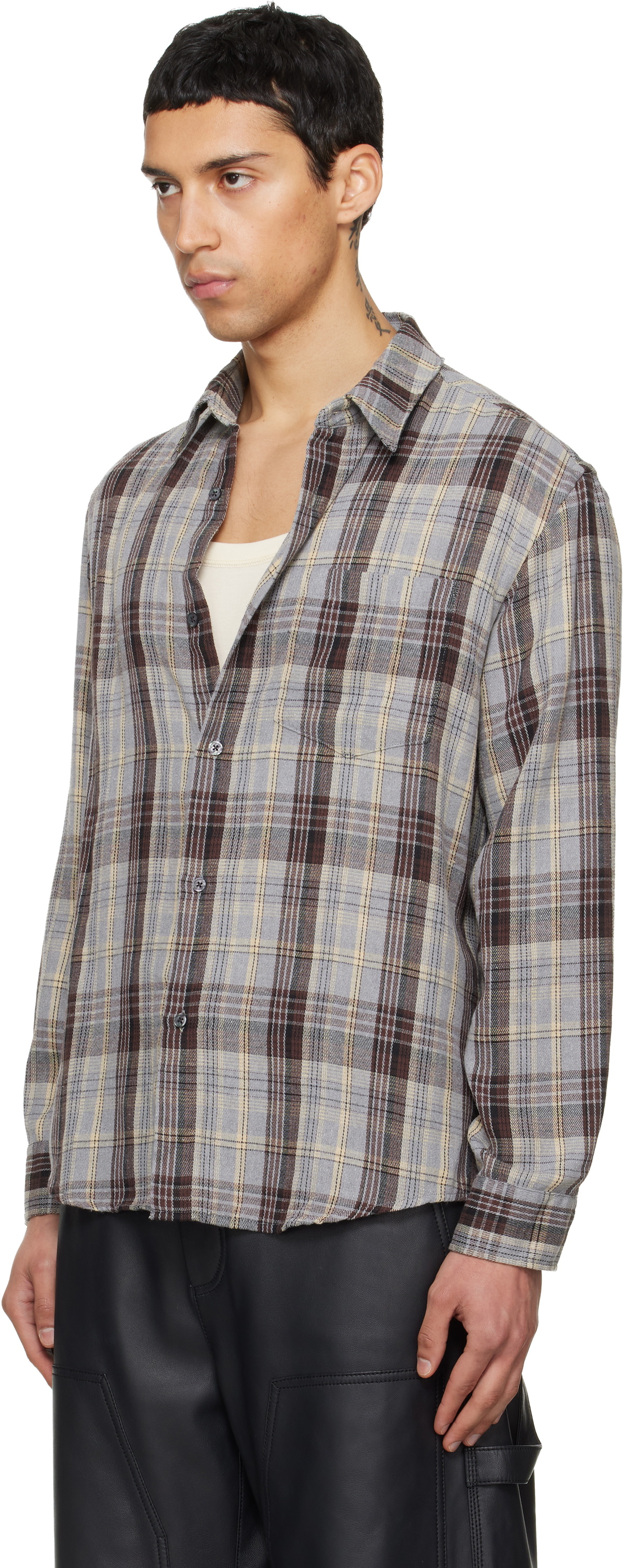TONYWACK Gray Washed Cotton Blend Check Shirt