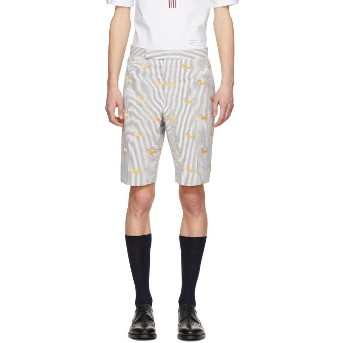 Photo: Thom Browne Grey and White Seersucker Hector Backstrap Shorts