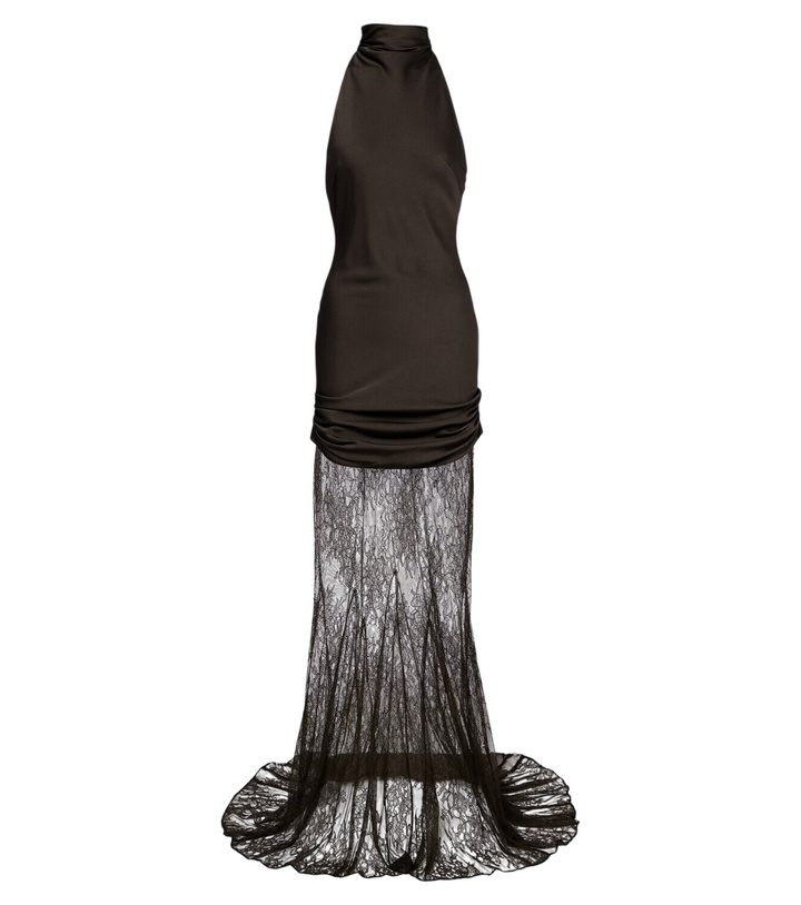 Photo: De La Vali Eldra ruched lace-trimmed satin maxi dress