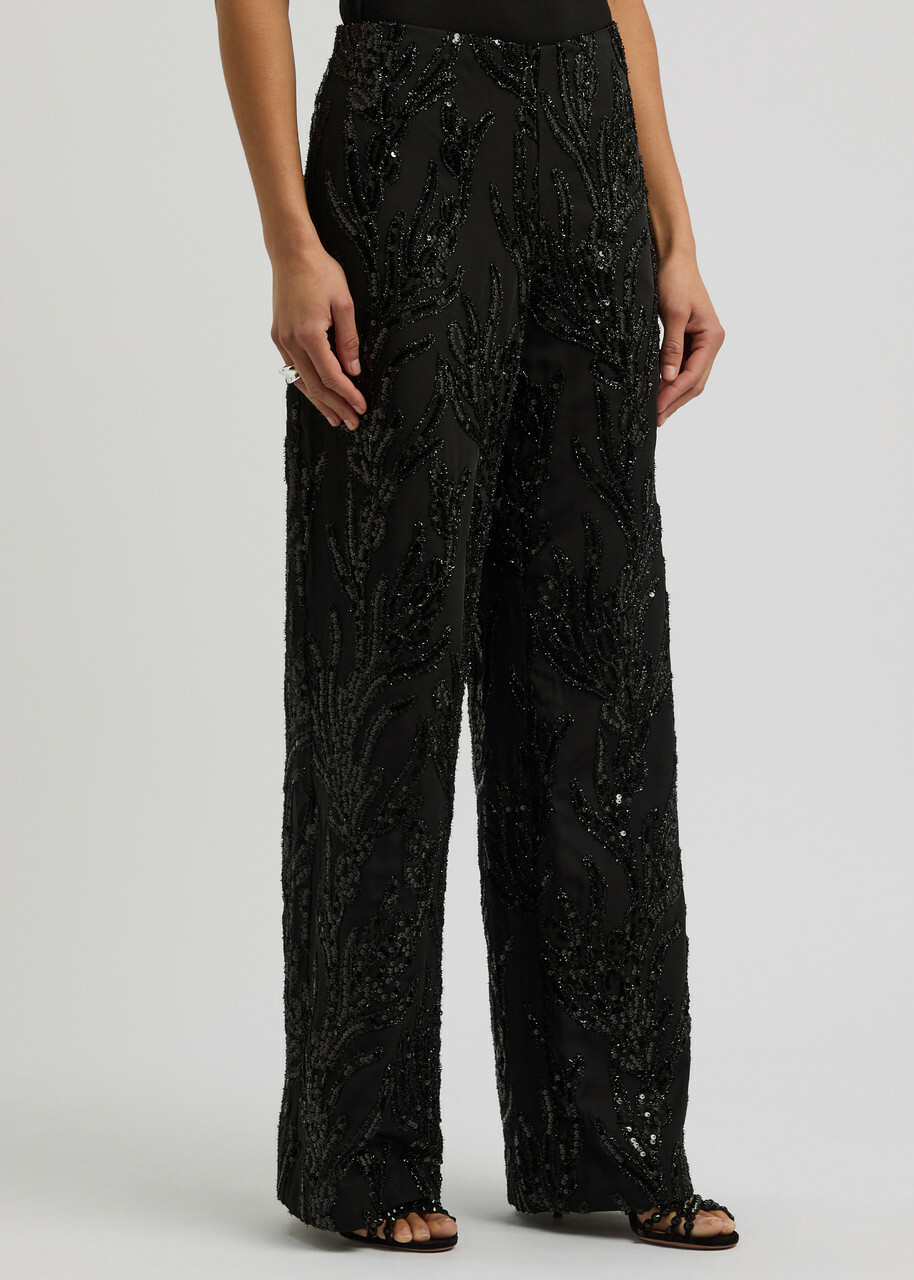Stine Goya Sequin-embellished Wide-leg Twill Trousers Black