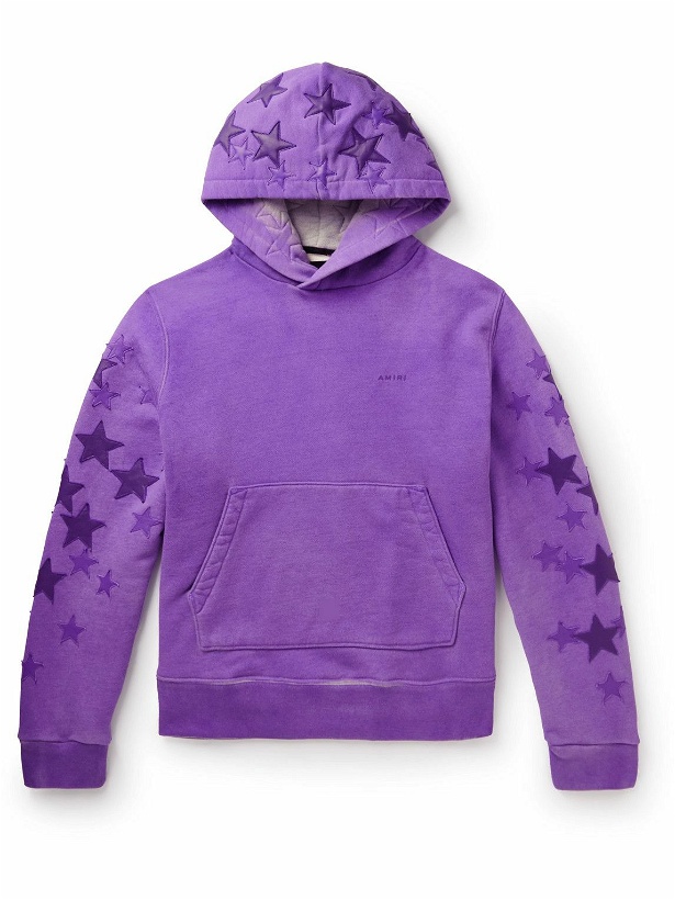 Photo: AMIRI - Pigment Spray Star Leather-Trimmed Cotton-Jersey Hoodie - Purple
