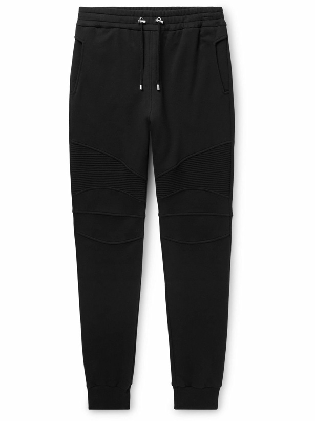 Photo: Balmain - Tapered Ribbed Cotton-Jersey Sweatpants - Black