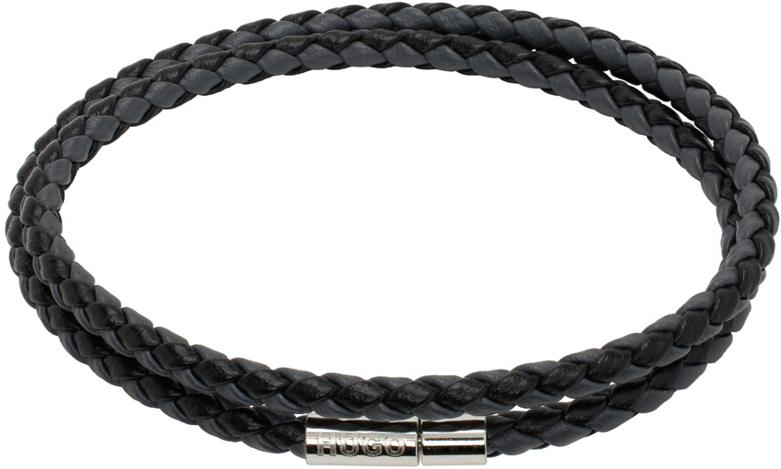 Hugo Black & Gray Double-Wrap Two-Tone Leather Bracelet