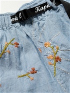 KAPITAL - Wide-Leg Belted Embroidered Cotton-Chambray Bermuda Shorts - Blue