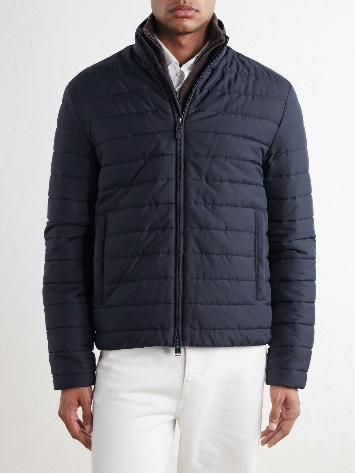 Canali - Leather-Trimmed Quilted Shell Bomber Jacket - Blue