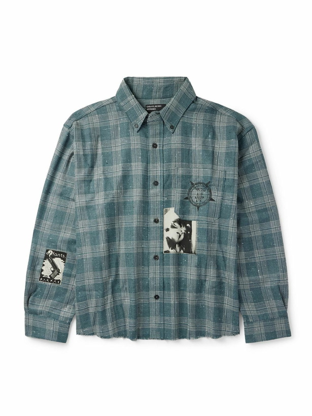 Photo: Enfants Riches Déprimés - Button-Down Collar Frayed Appliquéd Printed Wool and Silk-Blend Flannel Shirt - Blue