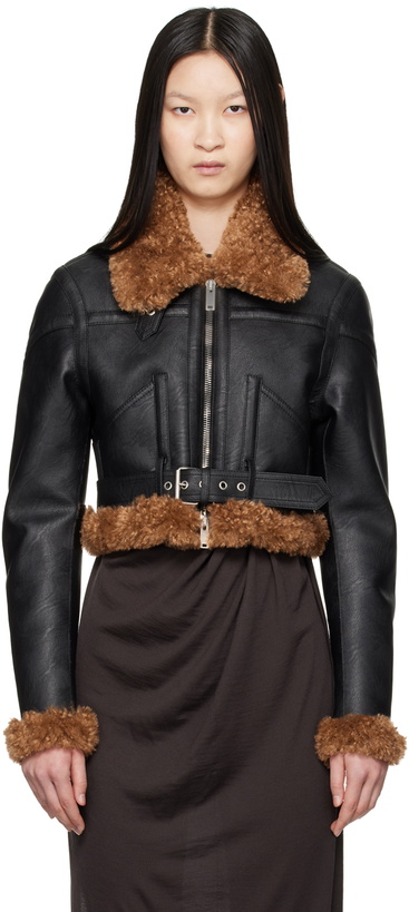 Photo: Stella McCartney Black Plush Teddy Faux-Leather Biker Jacket