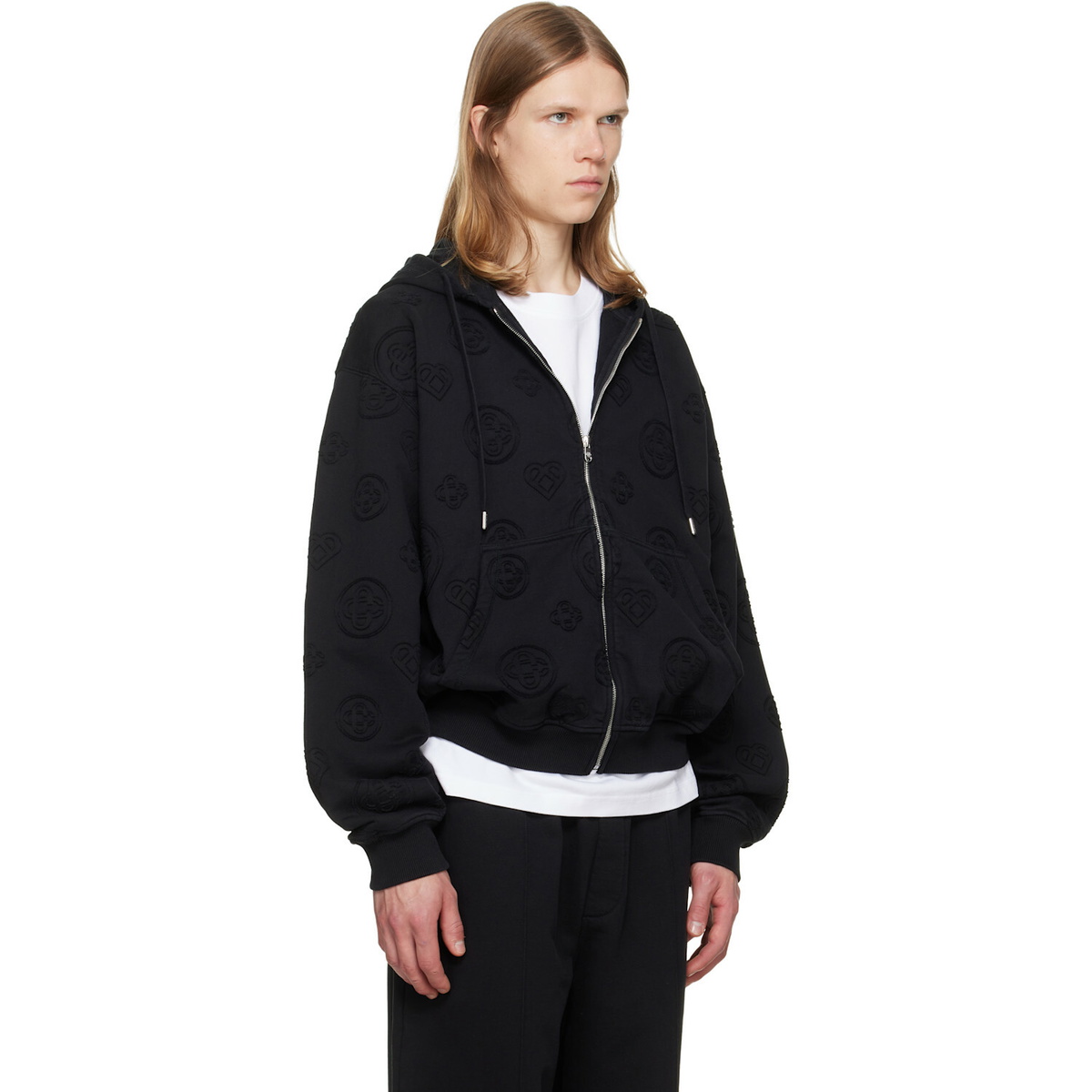 Casablanca Black Applique Monogram Zip‑Up Hoodie