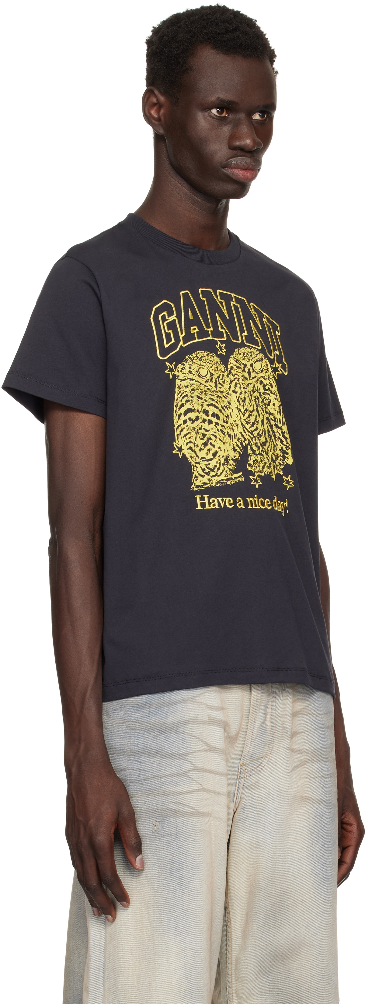 GANNI Black Basic Jersey Owls Relaxed T-shirt
