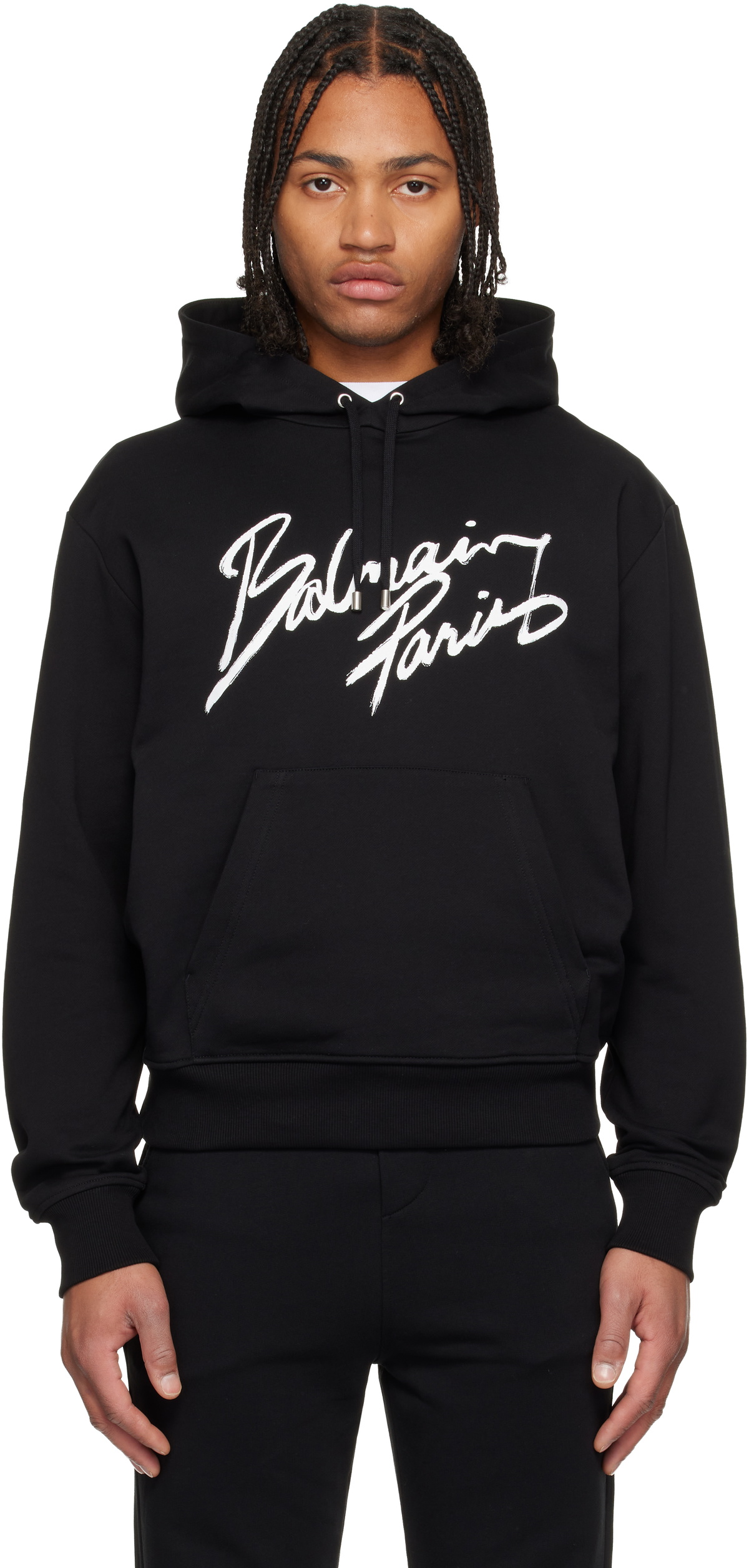 BALMAIN 黒シグネチャーロゴ パーカー Balmain Homme Men Black Pullover Hoodie Oversized XS Side Zipper