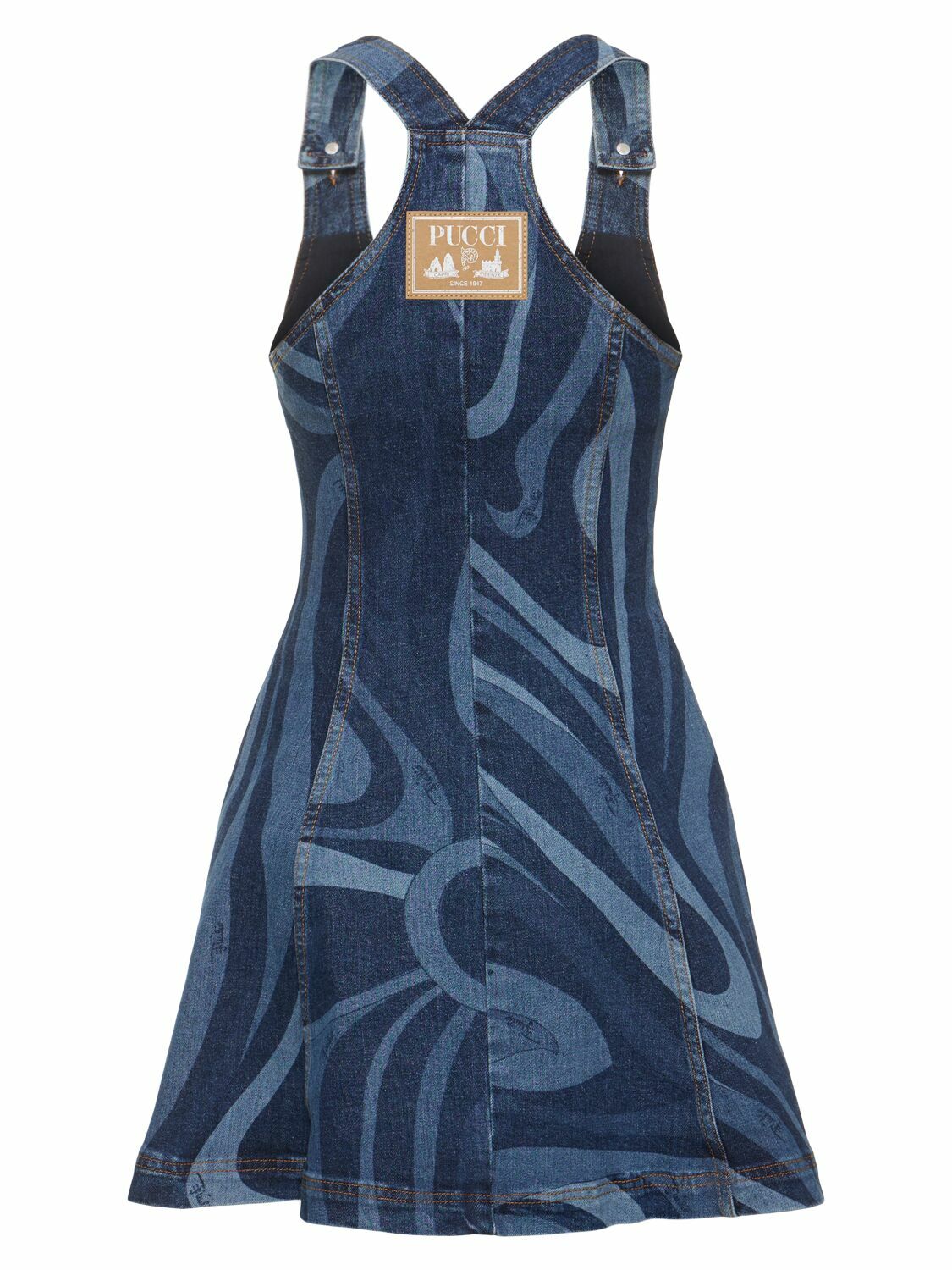 pucci denim dress Strapless Marmo-Print Denim Button-Front Mini Dress