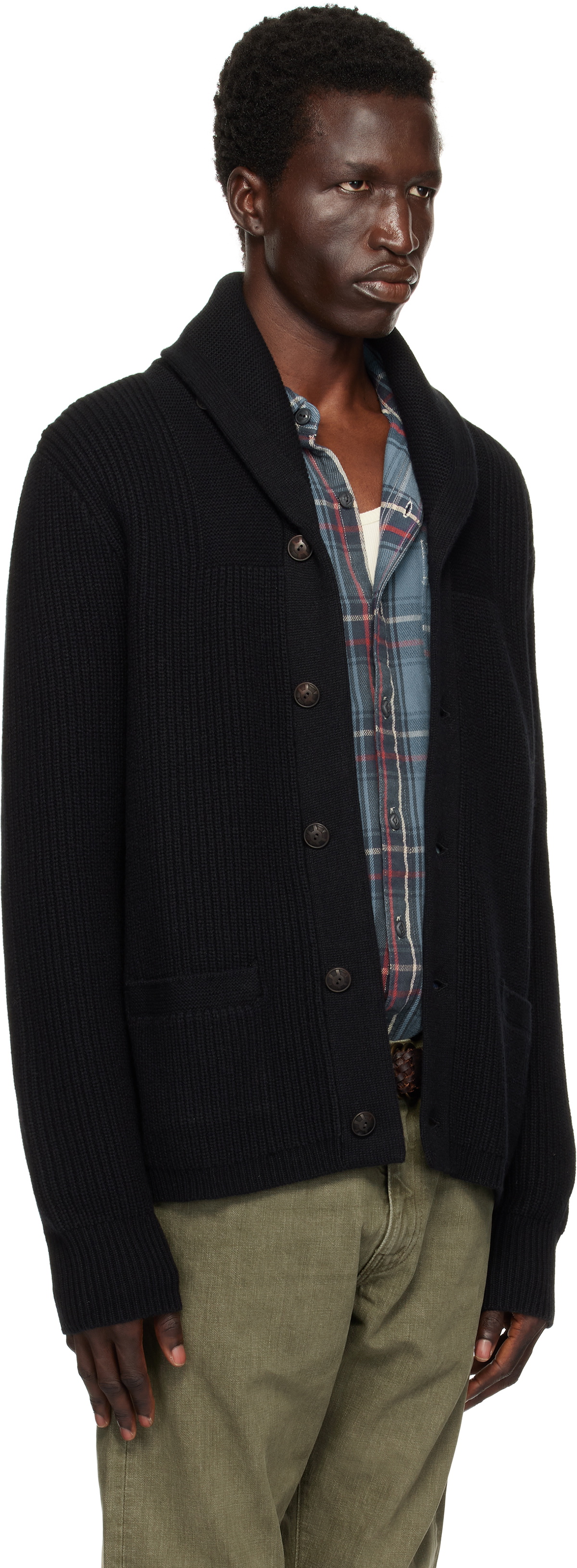 RRL Black Textured Cashmere Shawl Collar Cardigan RRL
