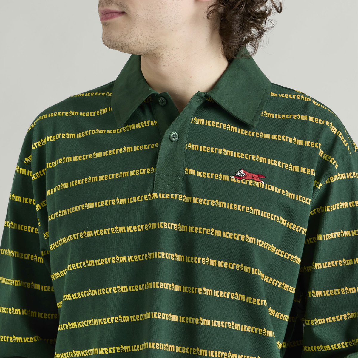 ICECREAM Men's Running Dog Striped Rugby Shirt in Green