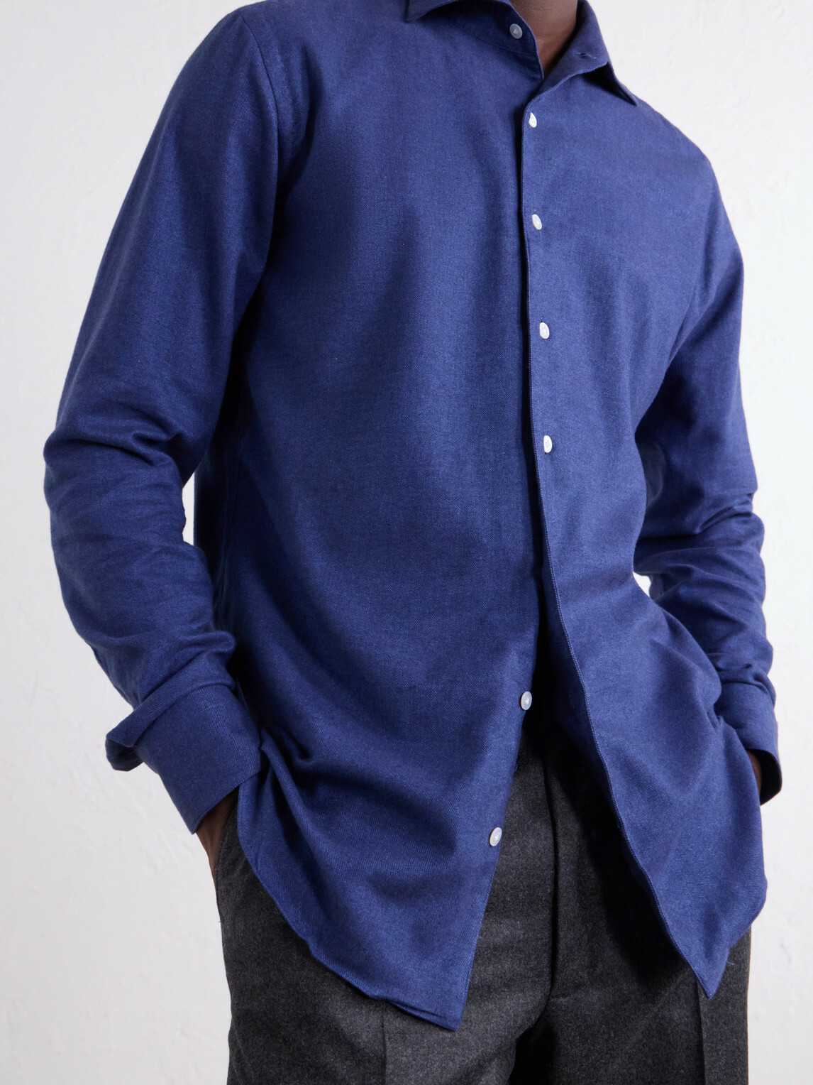 De Petrillo - Cutaway-Collar Brushed Cotton-Twill Shirt - Blue
