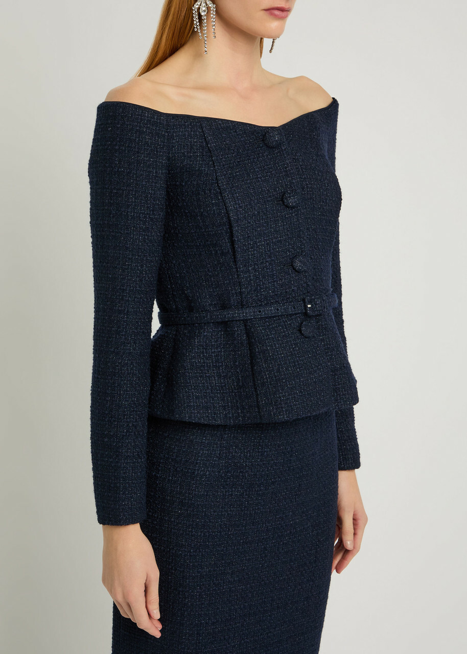 Roland Mouret Off-the-shoulder Bouclé top Navy