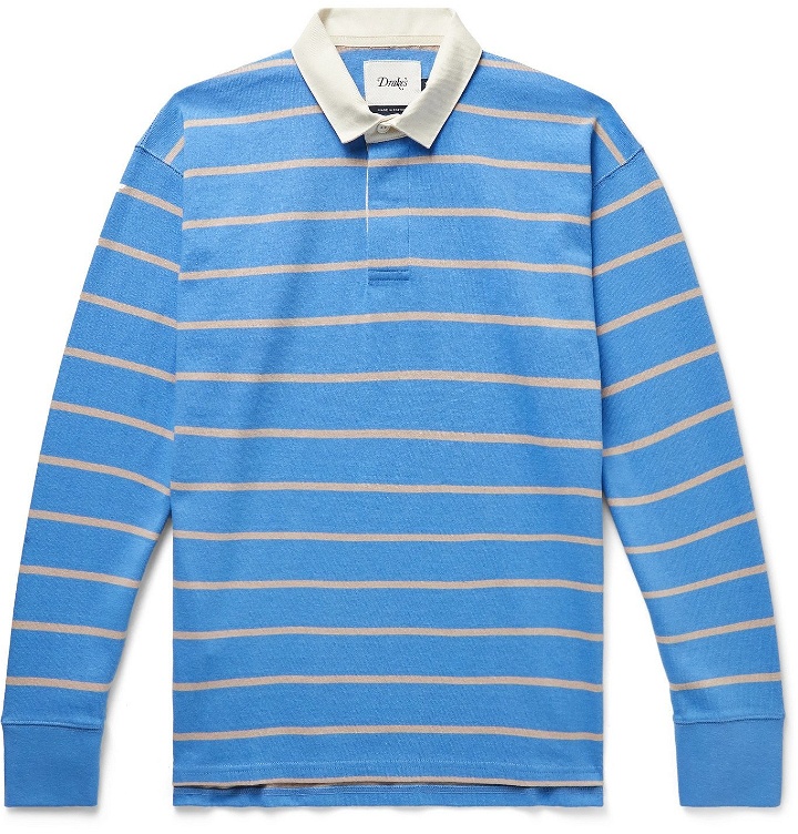 Photo: Drake's - Twill-Trimmed Striped Cotton-Jersey Polo Shirt - Blue