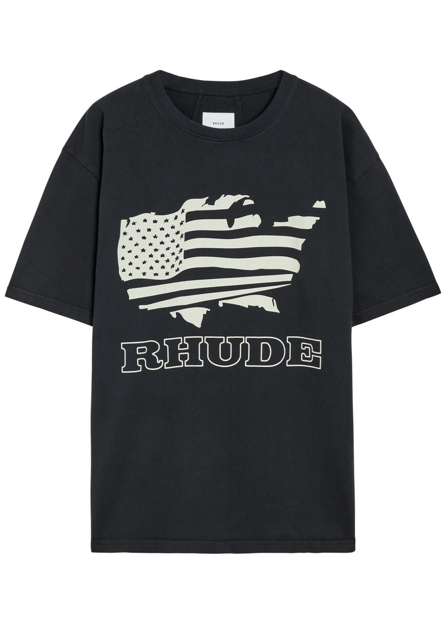 Rhude Banner Printed Cotton T-shirt Black