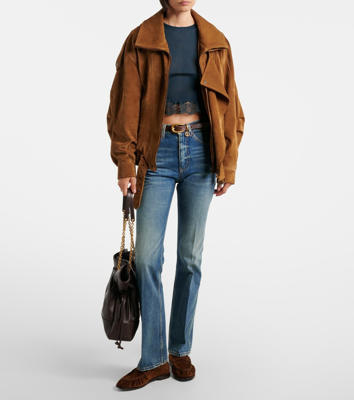 Saint Laurent Lace-trimmed cropped silk T-shirt