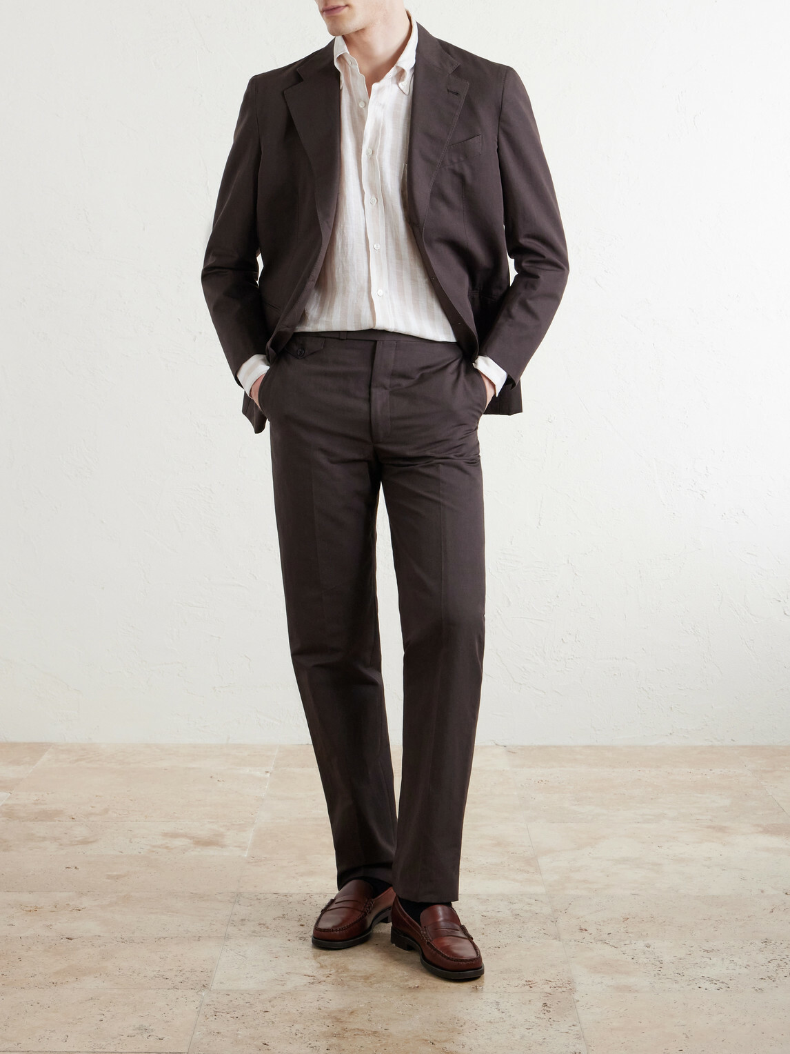 J. Mueser - Button-Down Collar Striped Linen Shirt - Brown