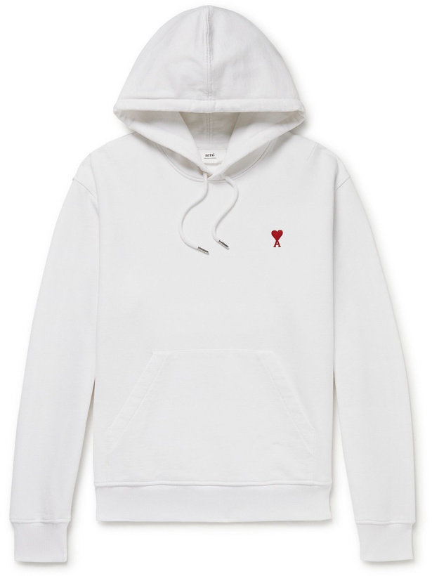 Photo: AMI PARIS - Logo-Embroidered Cotton-Jersey Hoodie - White