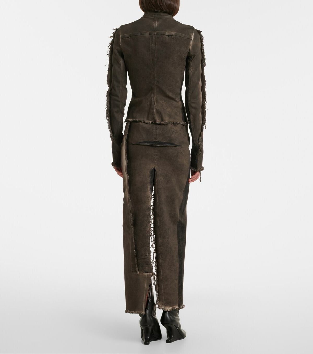 Rick Owens Sliced distressed denim midi skirt