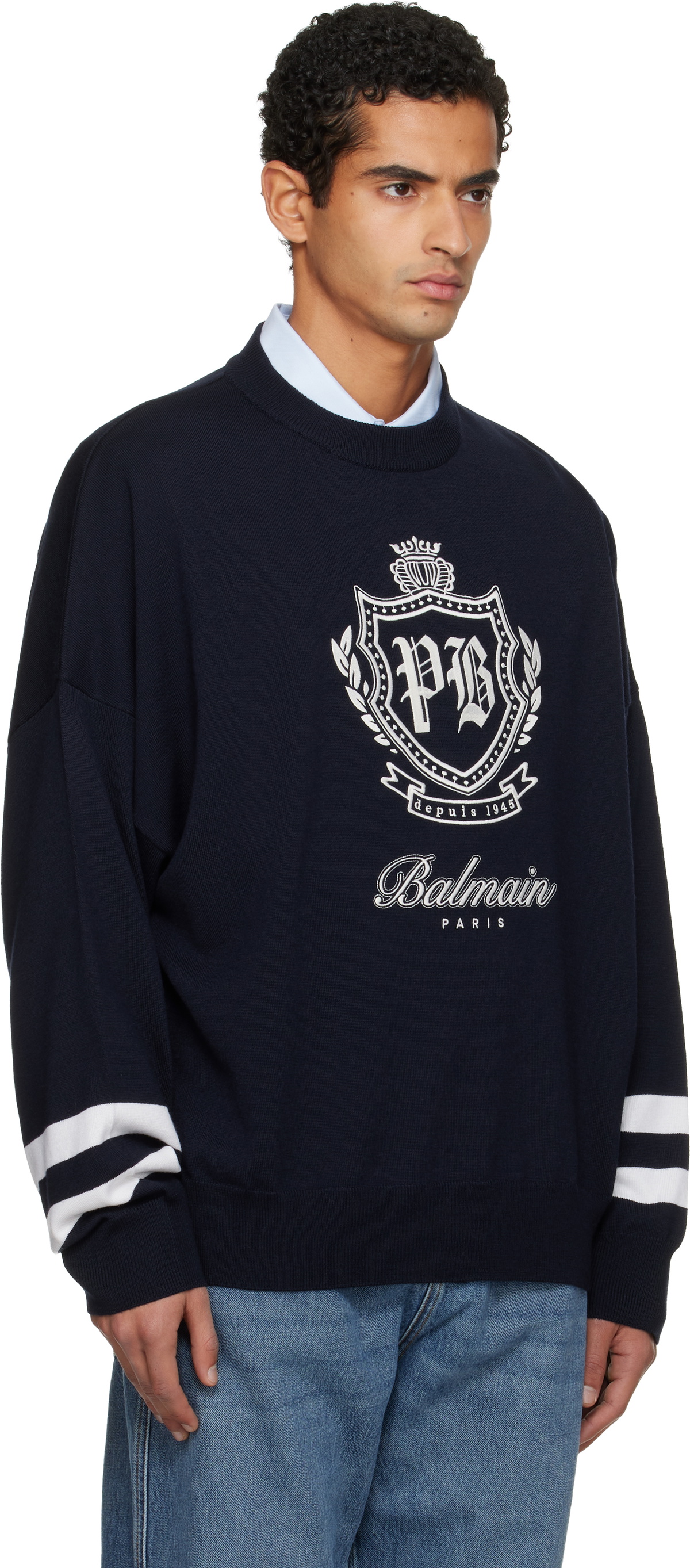 Balmain Navy College Emblem Knit Sweater