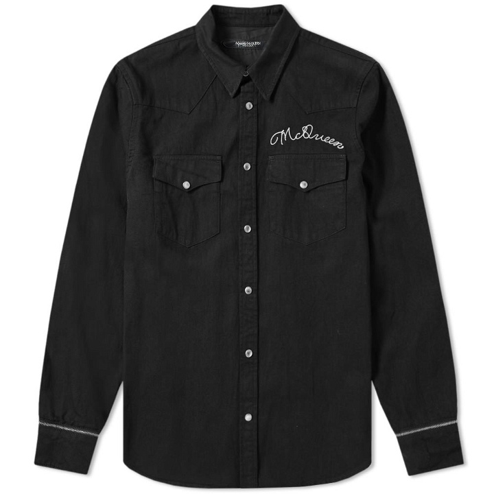 Photo: Alexander McQueen Embroidered Logo Zip Sleeve Denim Shirt Black