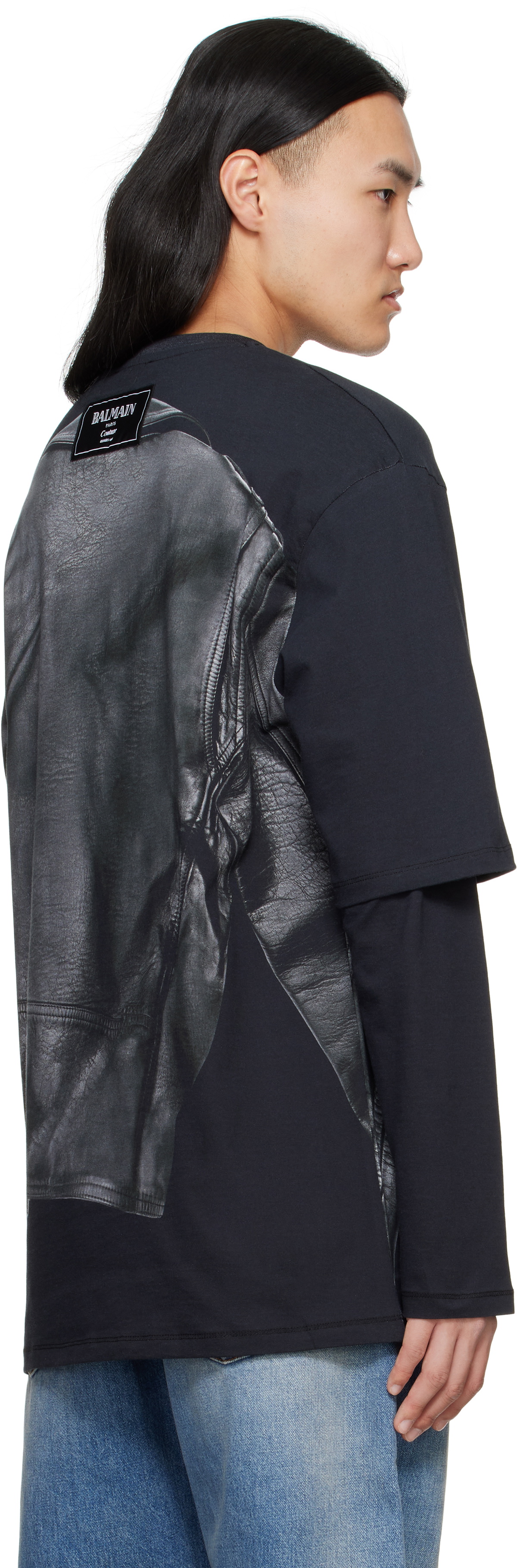 Balmain Black Long Sleeve Biker Jacket Print T-shirt Balmain