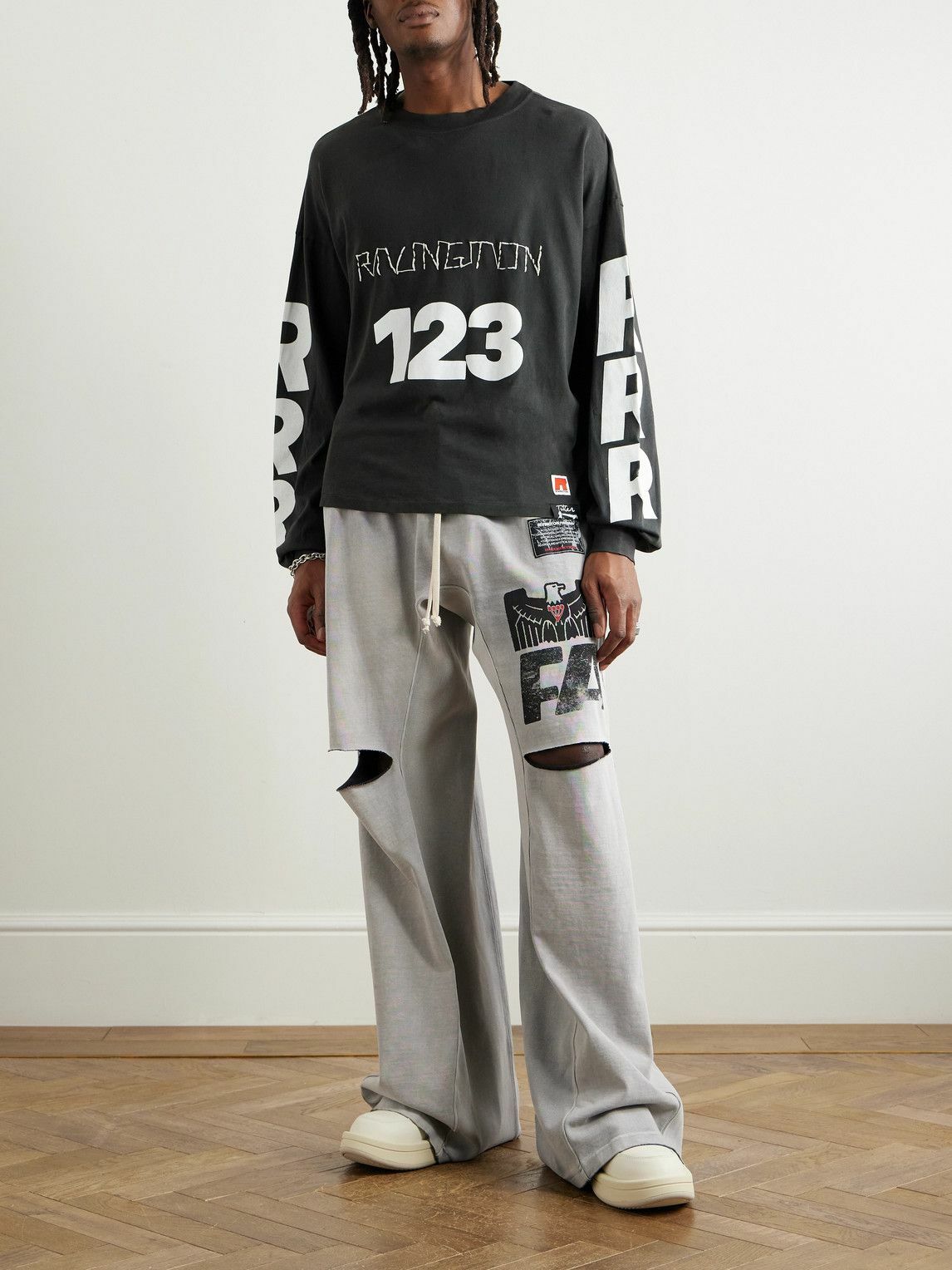 RRR123 - Flag Faster Wide-Leg Distressed Printed Cotton-Jersey Sweatpants - Gray