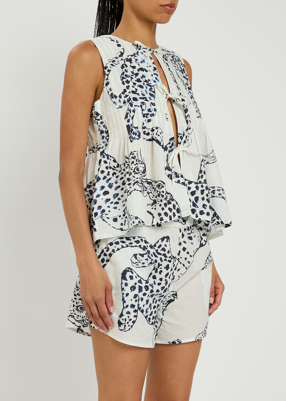 Desmond & Dempsey Jag Printed Cotton Pyjama set Cream