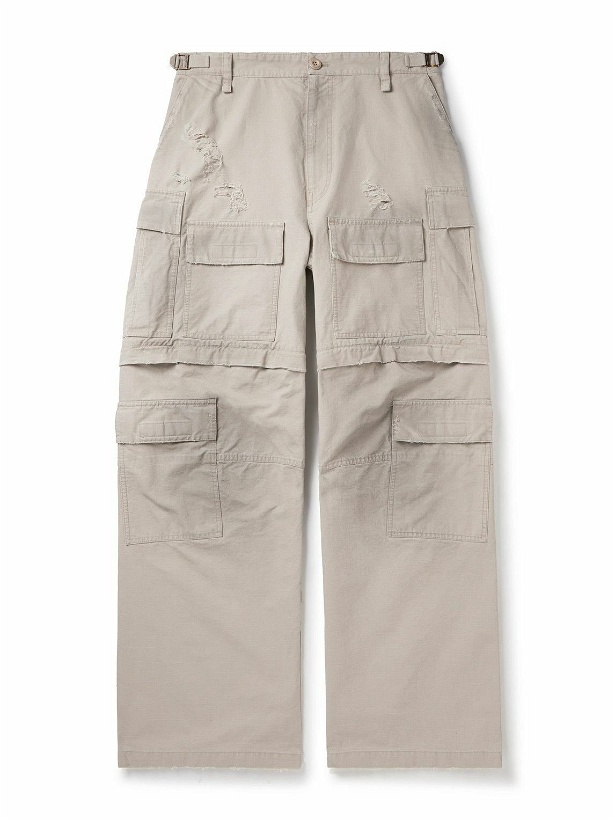 Photo: Balenciaga - Convertible Distressed Cotton-Ripstop Cargo Trousers - Neutrals