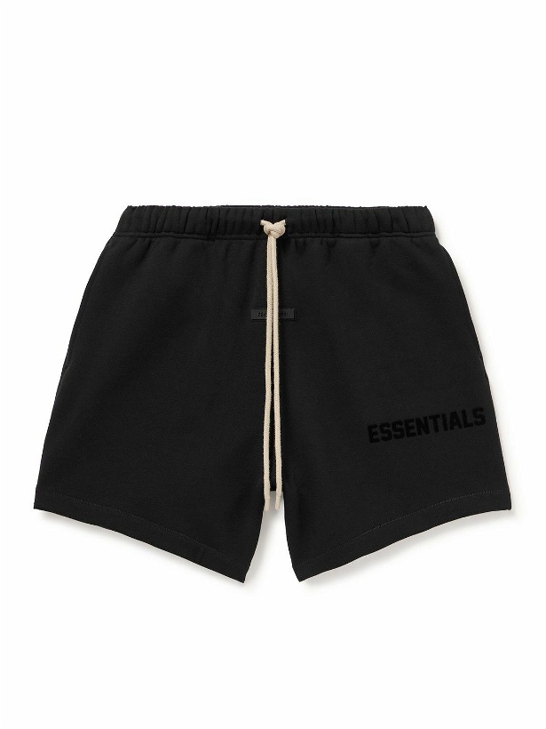 Photo: FEAR OF GOD ESSENTIALS - Wide-Leg Logo-Appliquéd Cotton-Blend Jersey Drawstring Shorts - Black