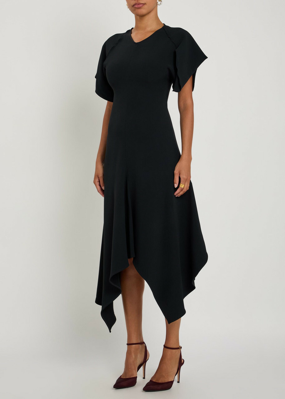 Victoria Beckham Asymmetric Crepe Midi Dress Black