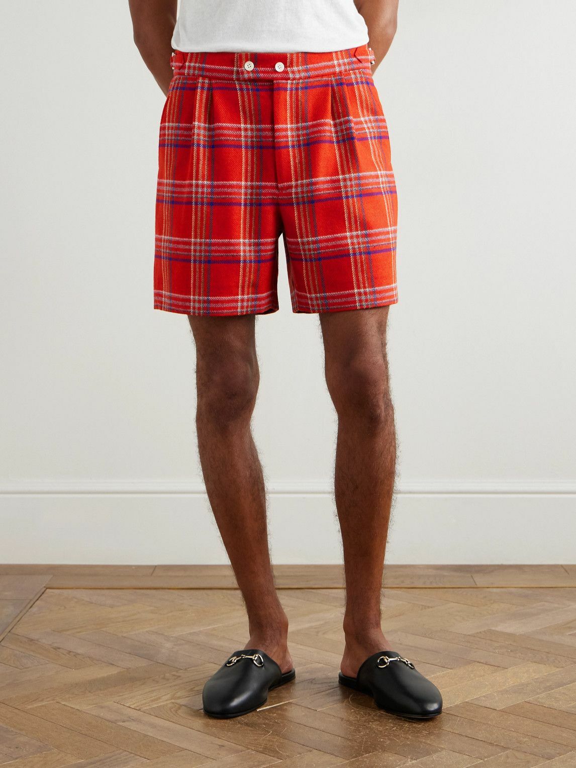 BODE - Gable Straight-Leg Pleated Checked Wool Shorts - Red