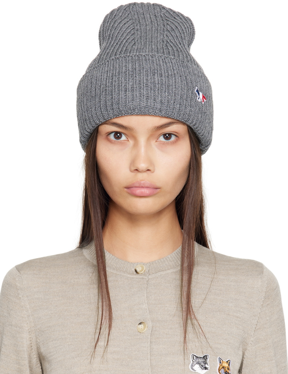 Maison Kitsuné Gray Tricolor Fox Beanie Maison Kitsune