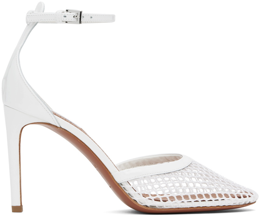ALAIA HIGH FISHNET PUMPS WITH STUDS IN WHITE LYCRA MESH AND LAMBSKIN