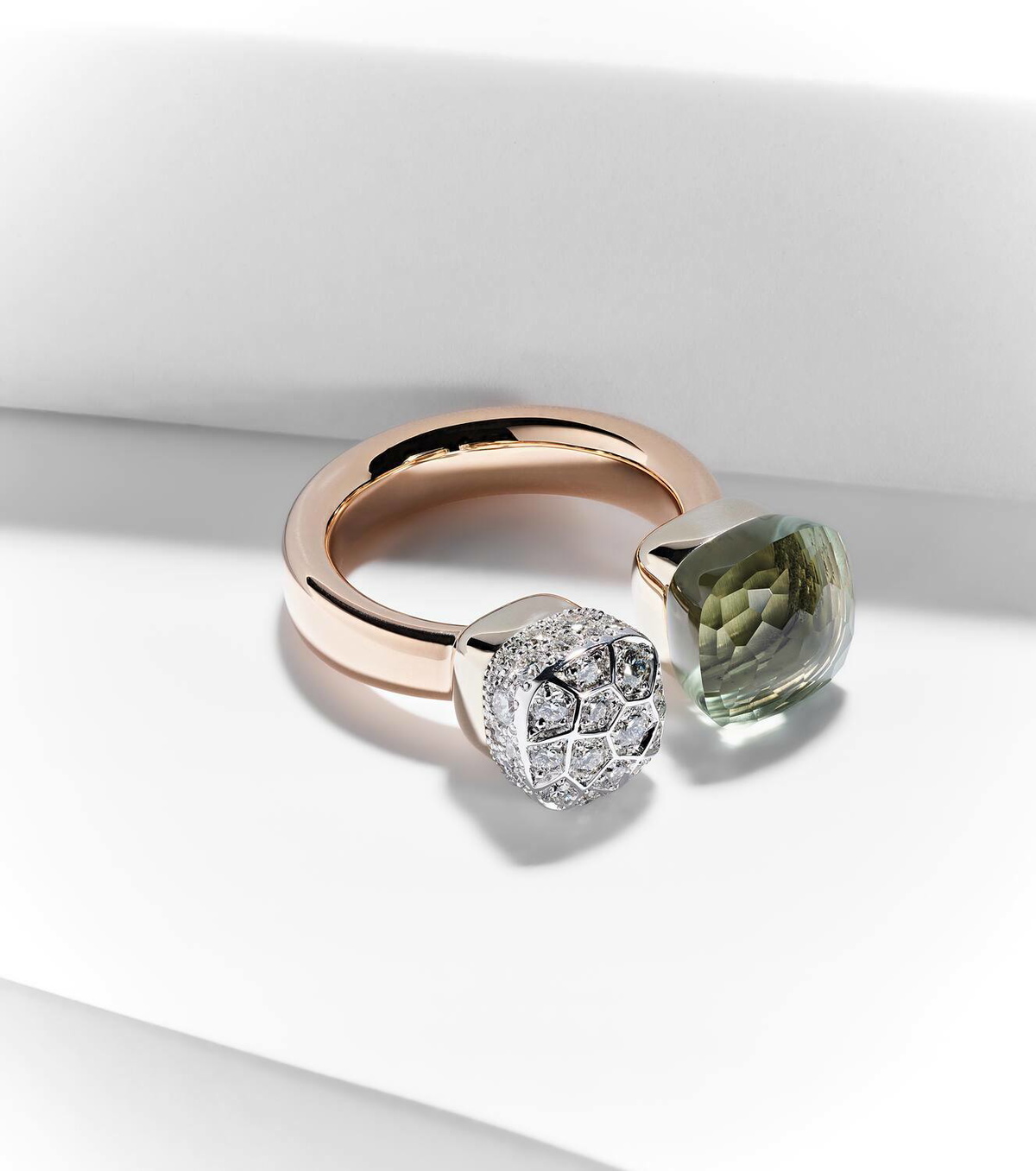 Pomellato Nudo 18kt rose and white gold ring with diamonds and prasiolite
