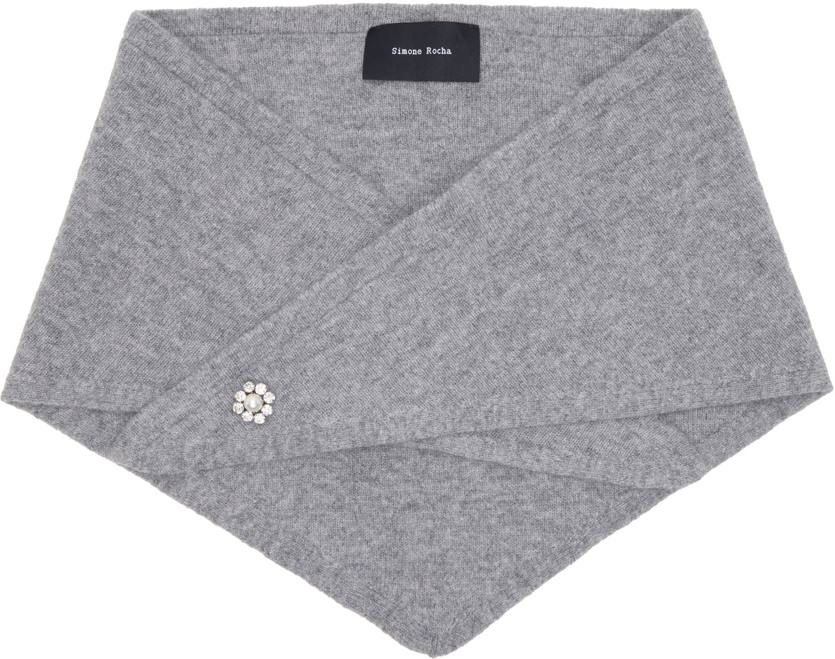 Simone Rocha Gray Embellished Cashmere Neckerchief Scarf