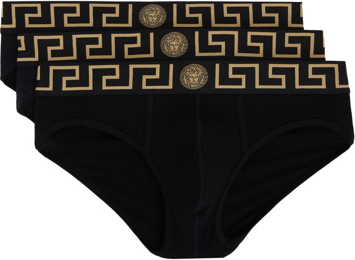 Photo: Versace Three-Pack Black Greca Border Briefs