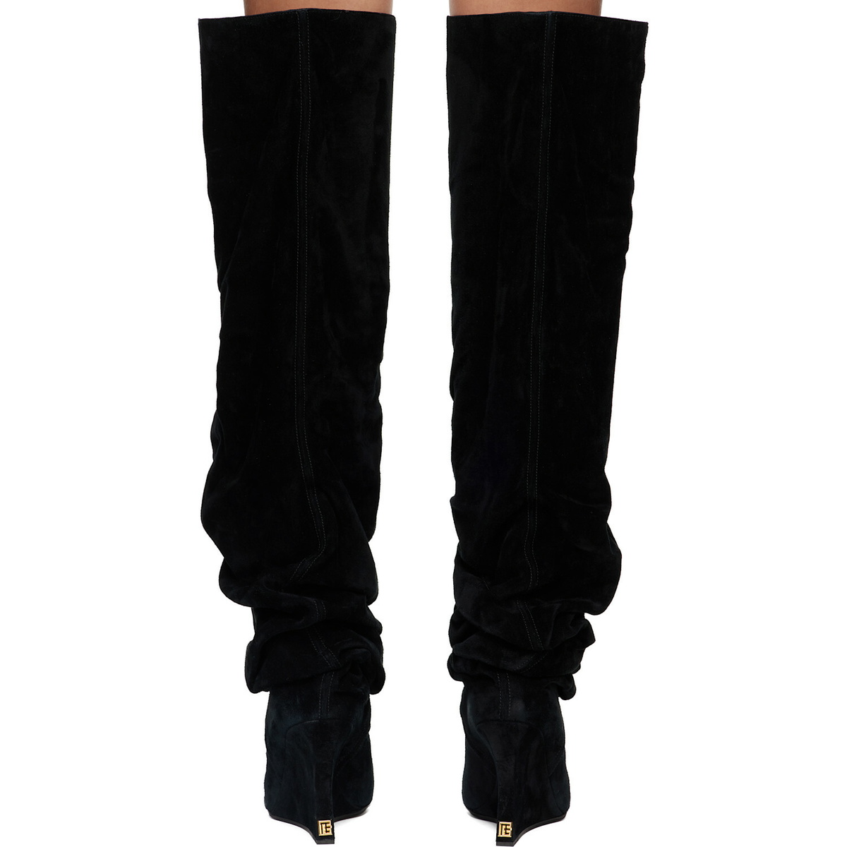 BALMAIN Black Suede Leather Wedge Thigh-High Boots